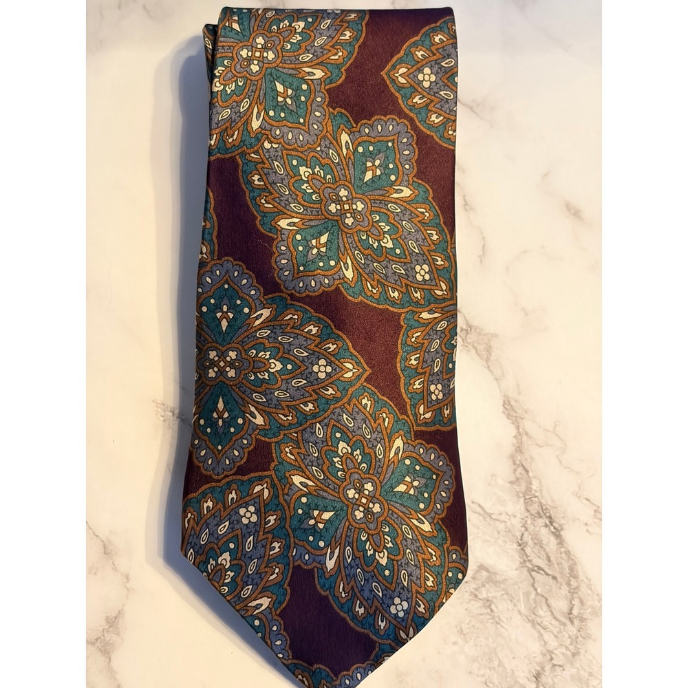 Oscar de la Renta Couture Silk Tie Burgundy Paisley Medallion Made USA Vintage